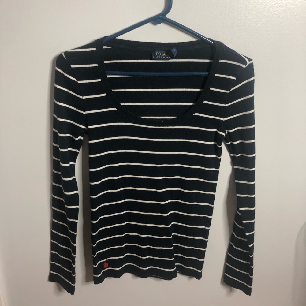 POLO Sweater Blue and white striped scoop neck